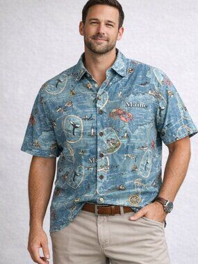 David Carey Originals Shirt 2XL Blue Maine Map Nautical LIghthouse Camp Button